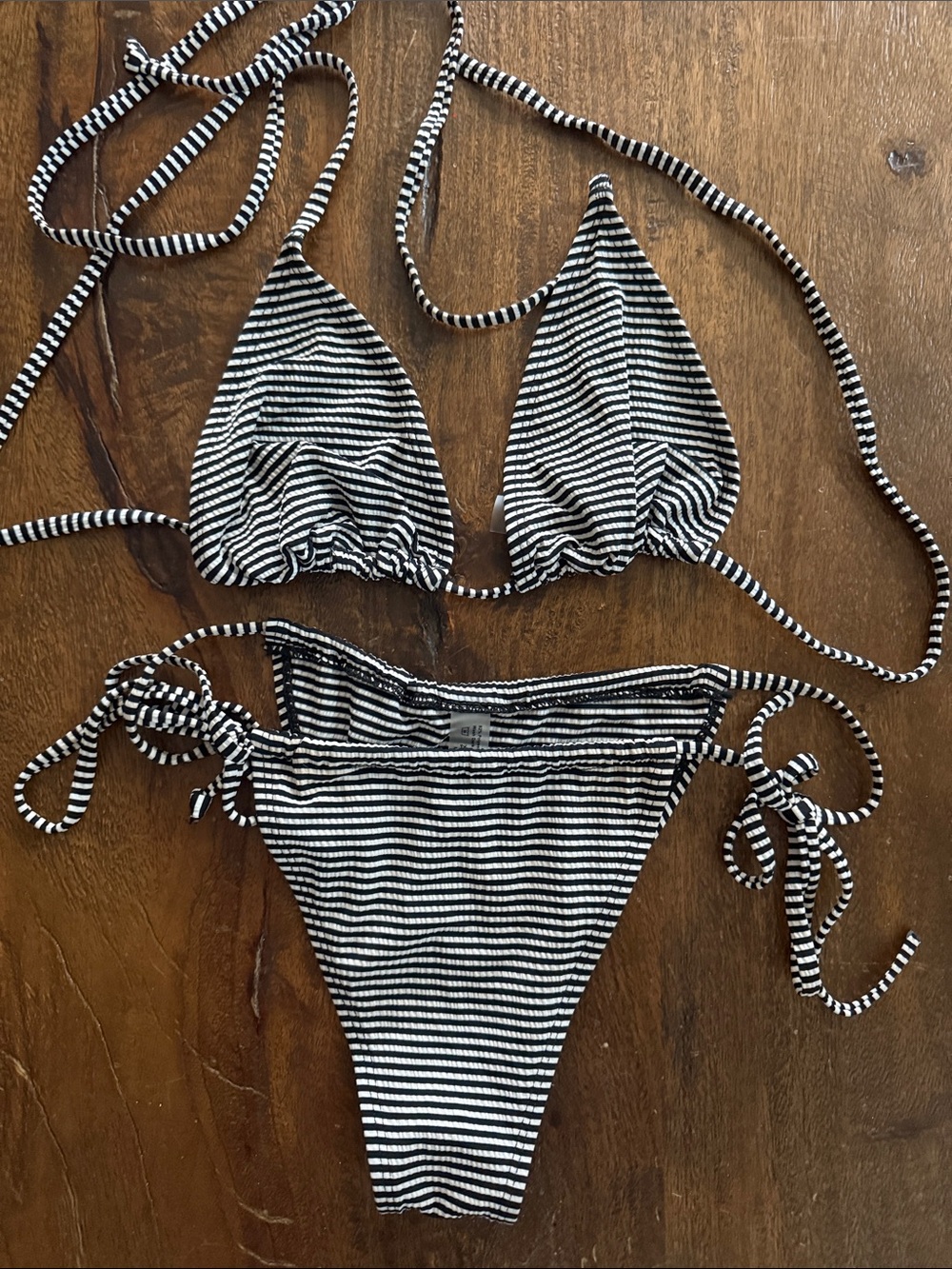 SHEIN Black and White Striped Tie Triangle Bikini Set